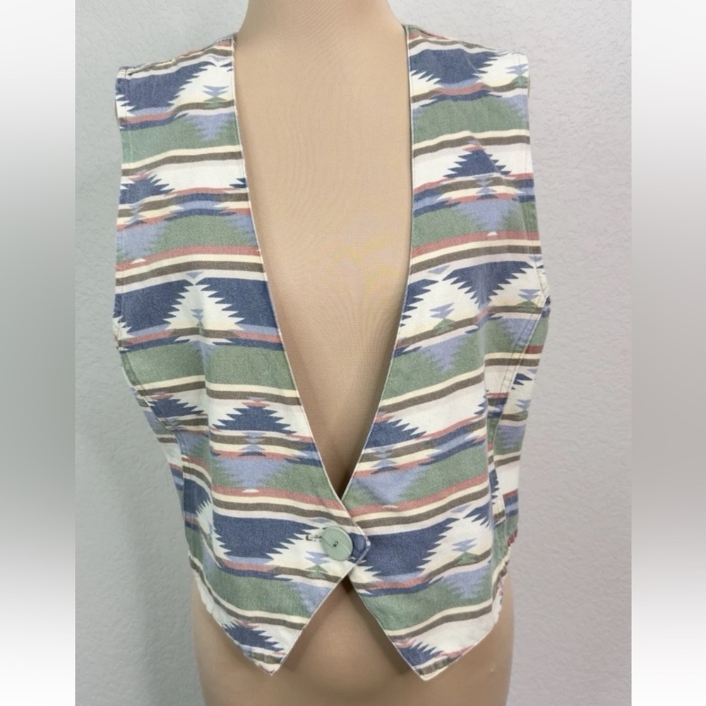 Vintage Stampede Southwestern Aztec Print Denim One Button Vest Jacket Women's M